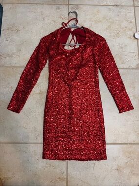 Arden B Red Sequin Long Sleeve Mini Dress with Tie Back